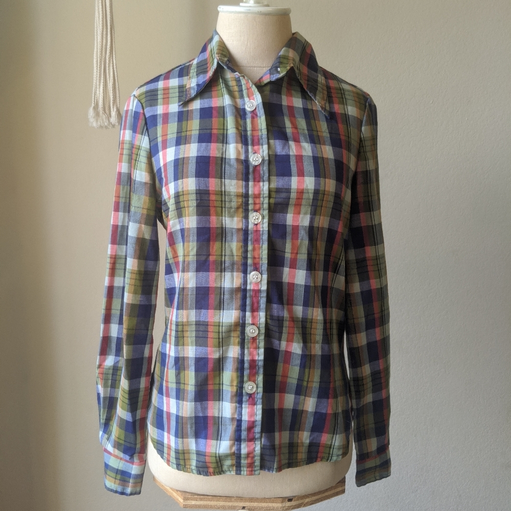 Vintage 70s plaid spearpoint collar button up